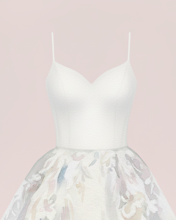 Abito da sposa con spalline sottili, che lascia il décolleté leggero e armonioso, ideale per collane sottili o punti luce discreti.