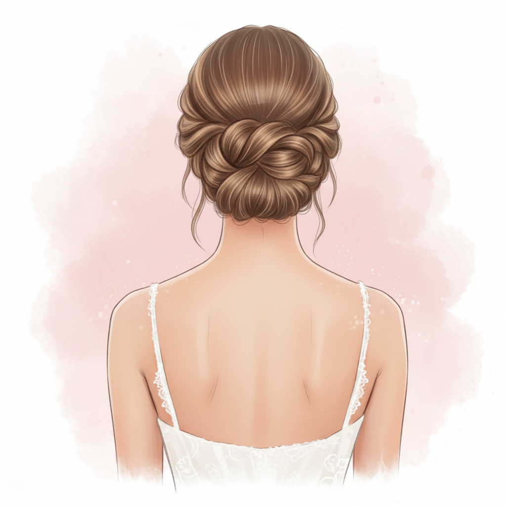 Illustrazione acconciatura raccolta da sposa con chignon, da abbinare a fermagli scultorei e pettinini decorativi