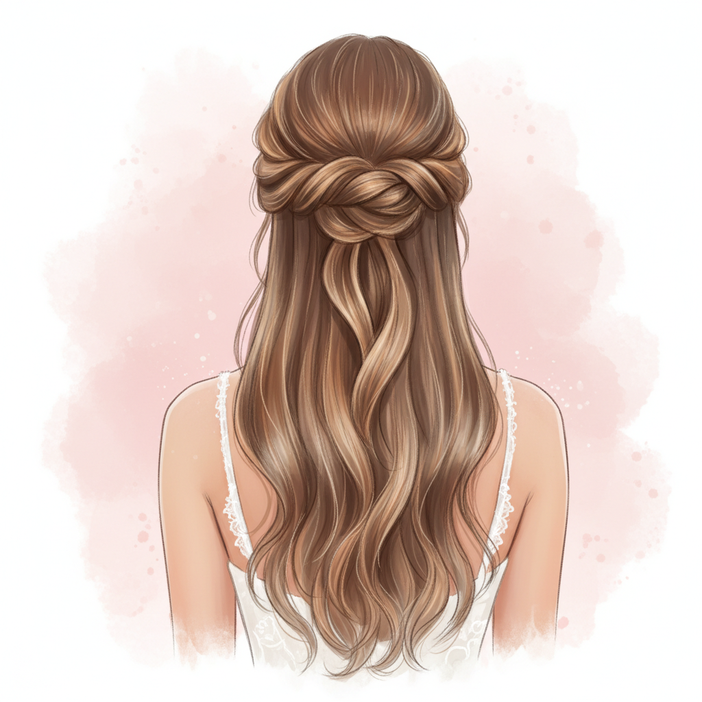 Illustrazione acconciatura semi raccolta da sposa, ideale con fermagli a mezzaluna e coroncine da sposa flessibili