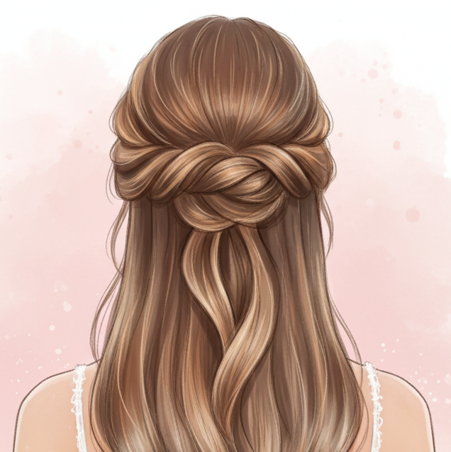 Illustrazione acconciatura semi raccolta da sposa, ideale con fermagli a mezzaluna e coroncine da sposa flessibili