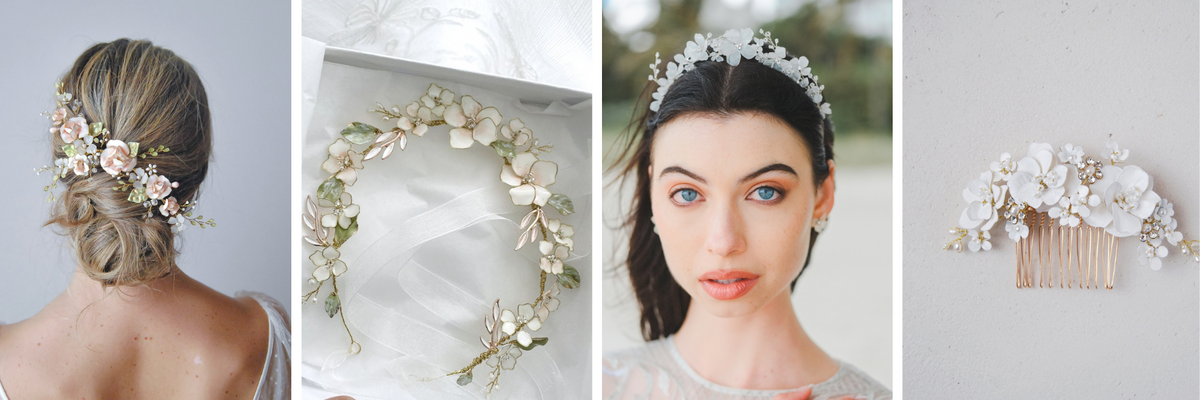 Selezione di accessori per capelli da sposa Elibre con dettagli floreali artigianali, fermagli, coroncine e pettinini.