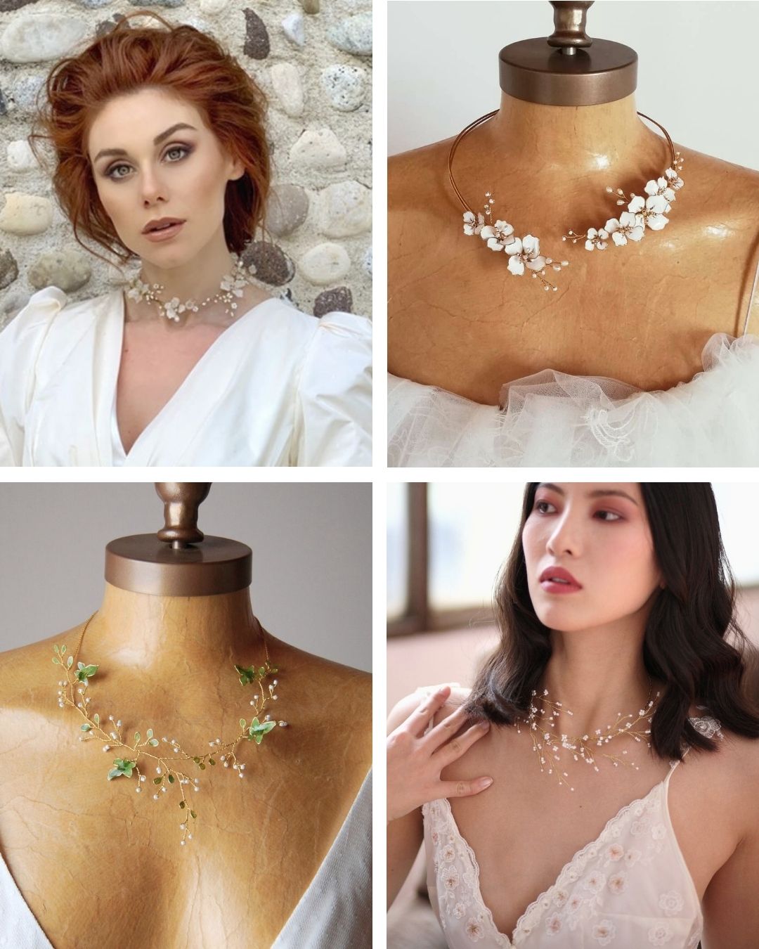 Quattro collane da sposa Elibre, indossate e non, che mostrano diversi stili e dettagli: perle, cristalli e design artigianali per valorizzare ogni tipo di abito da sposa.