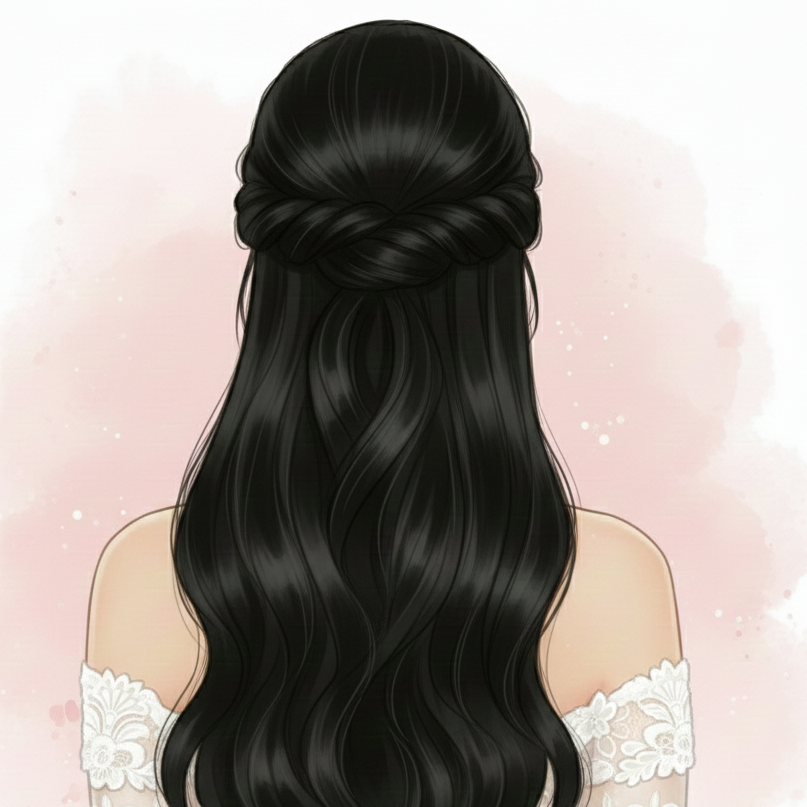 Illustrazione acconciatura sposa semi-raccolta con treccia e onde, perfetta per pettine da sposa leggero