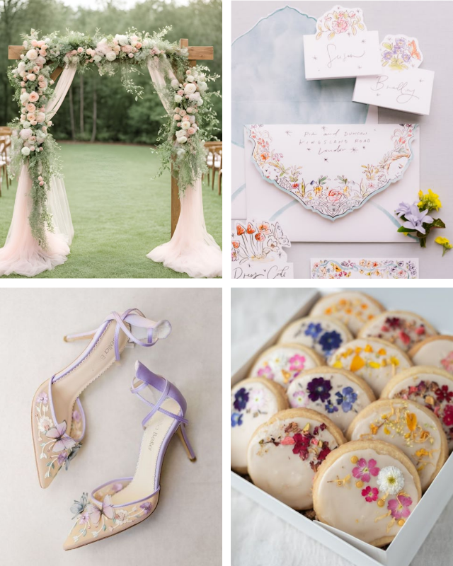Matrimonio romantico e naturale: dettagli floreali su arco, busta, scarpe e biscotti con fiori essiccati
