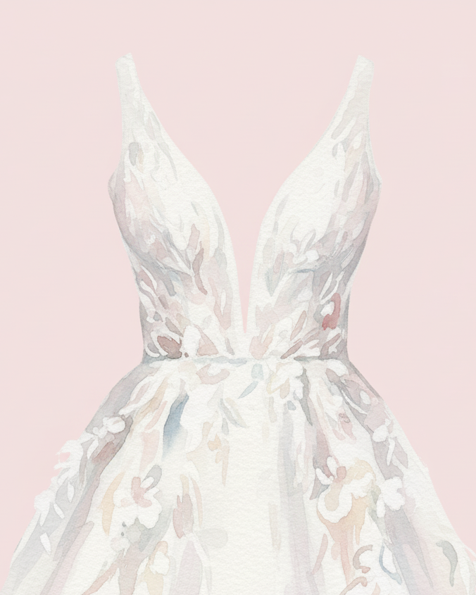 Abito da sposa con scollo a V profondo, ideale da abbinare a una collana pendente o con punto luce per valorizzare il décolleté.