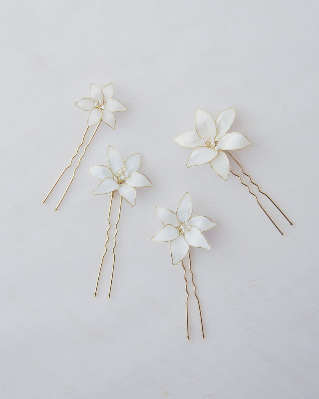 Set completo 4 forcine sposa Lilium modulari con fiori bianchi e perle