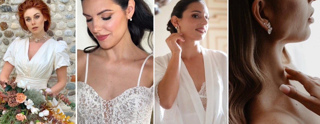 Spose Elibre indossano orecchini e collane da sposa, gioielli artigianali che esaltano eleganza e luminosità nel giorno del matrimonio.