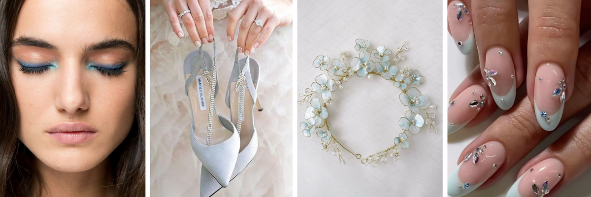 Dettagli in blu per la sposa: ombretto blu, scarpe azzurre, coroncina floreale Elibre azzurro polvere e unghie con dettagli azzurri