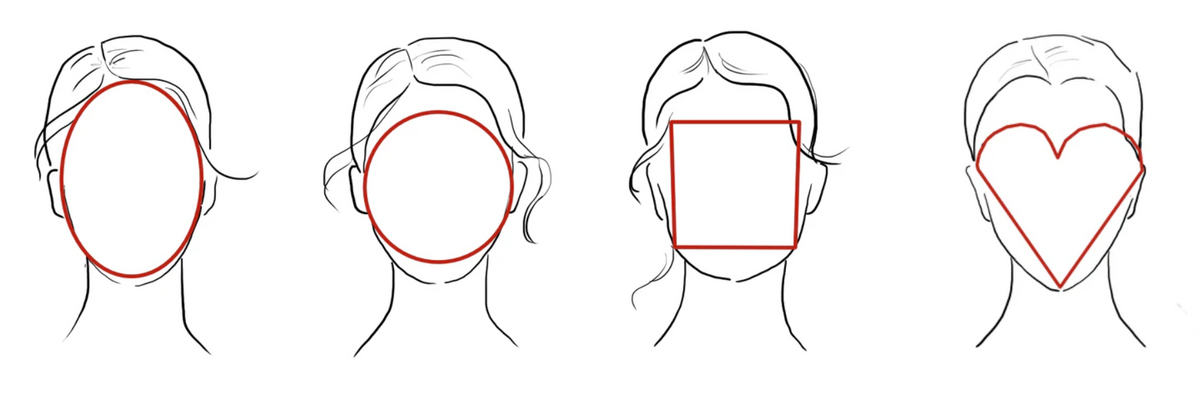 Illustrazioni delle forme del viso da sposa: ovale, rotondo, quadrato e a cuore, per scegliere l'acconciatura perfetta