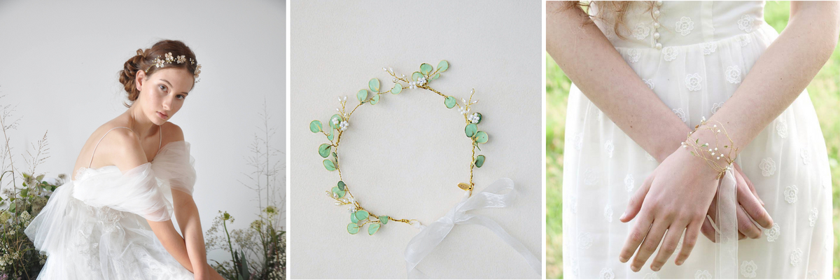 Dettagli accessori sposa Elibre: coroncina floreale indossata, corona di eucalipto e bracciale artigianale al polso