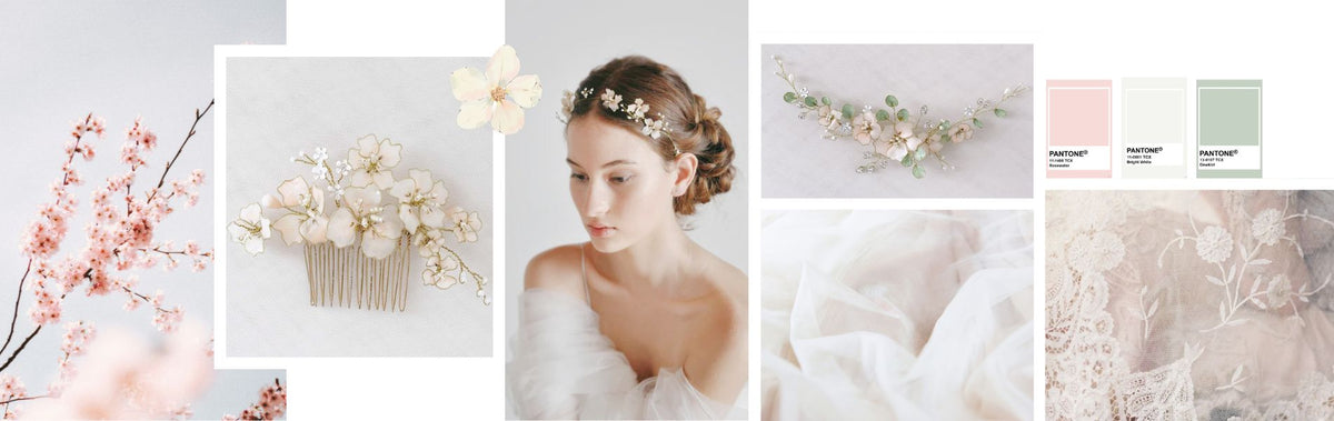 Moodboard matrimonio fiori di ciliegio con palette rosa cipria e verde chiaro, accessori artigianali Elibre ispirati alla fioritura dei ciliegi
