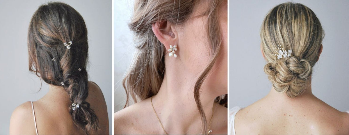 Gioielli sposa minimalista Elibre: orecchini con perle, collane girocollo e forcine artigianali per un look essenziale ed elegante.