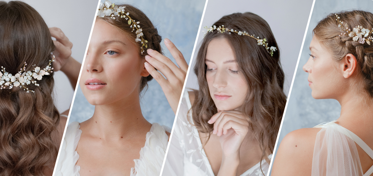 Selezione di accessori per capelli da sposa Elibre: fermaglio, coroncina, tralcio e pettinino artigianali