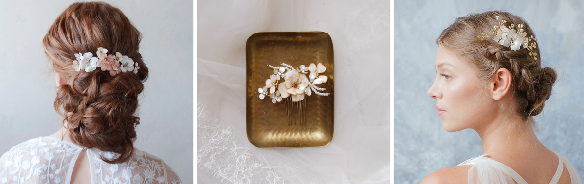 Pettini da sposa Elibre con fiori: su chignon basso morbido, posizionato lateralmente sopra l'orecchio e dettaglio artigianale