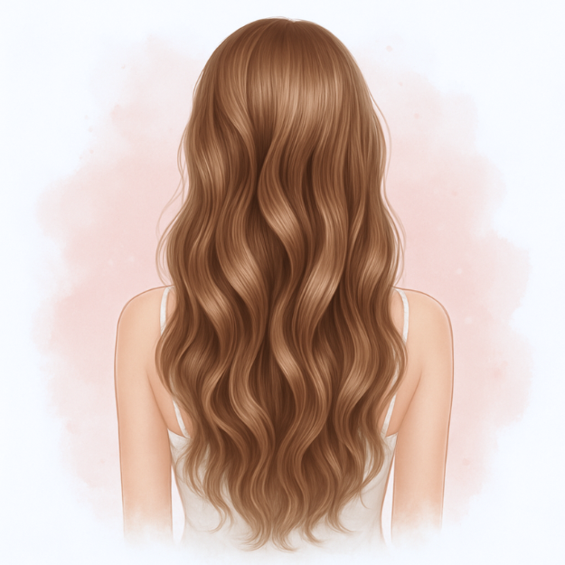 Illustrazione capelli sciolti e mossi da sposa, da abbinare a cerchietti eterei e fermagli laterali artigianali
