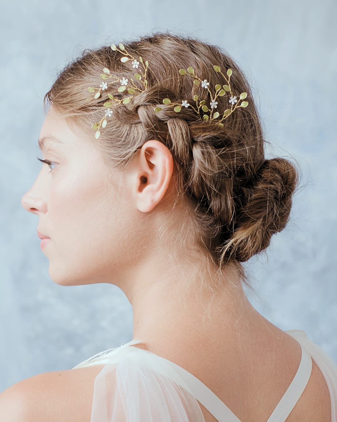 Forcine sposa Ramage con tralci verdi e cristalli Swarovski per raccolti botanici