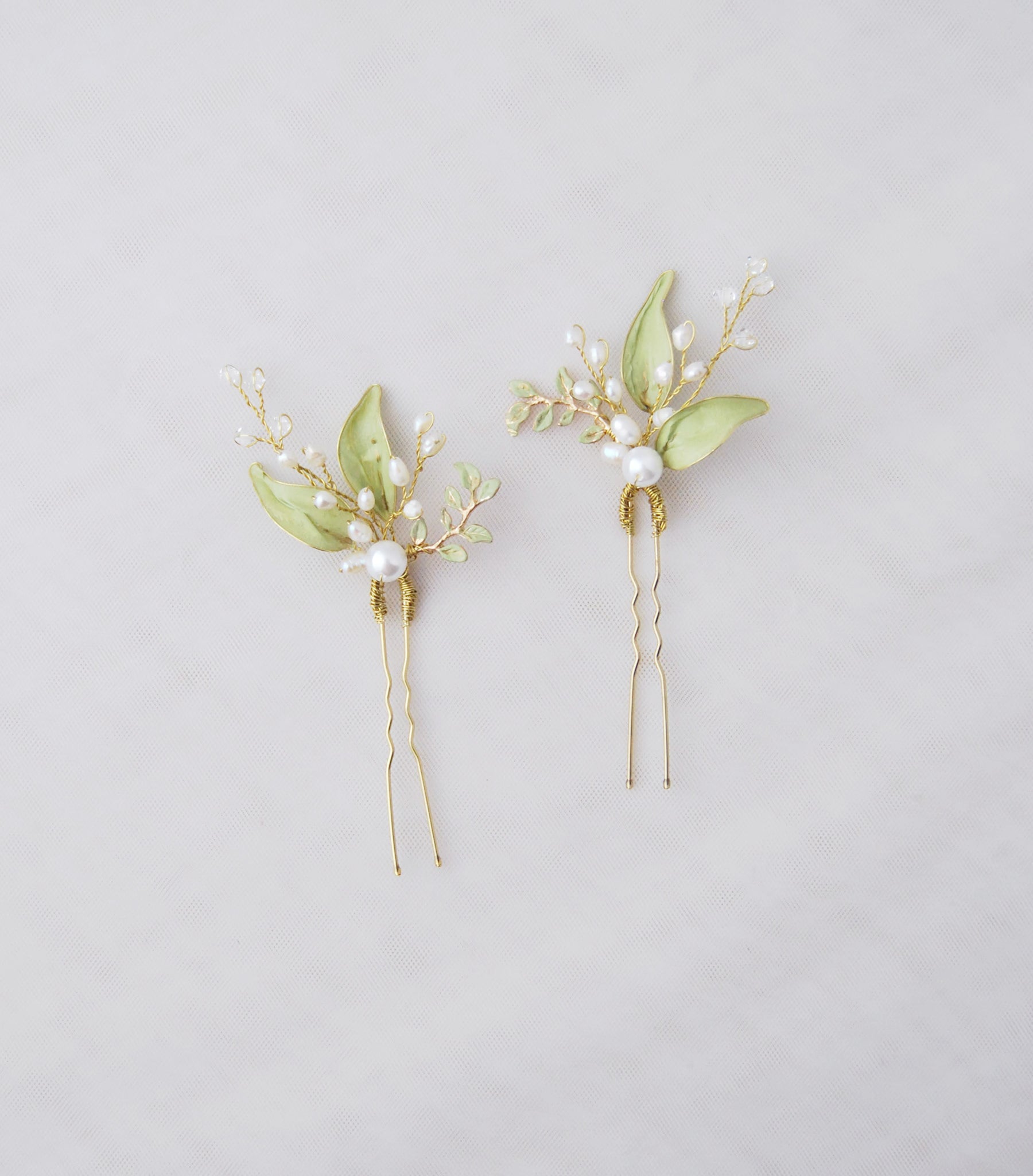 Olive leaf and pearls hairpins - set of 2