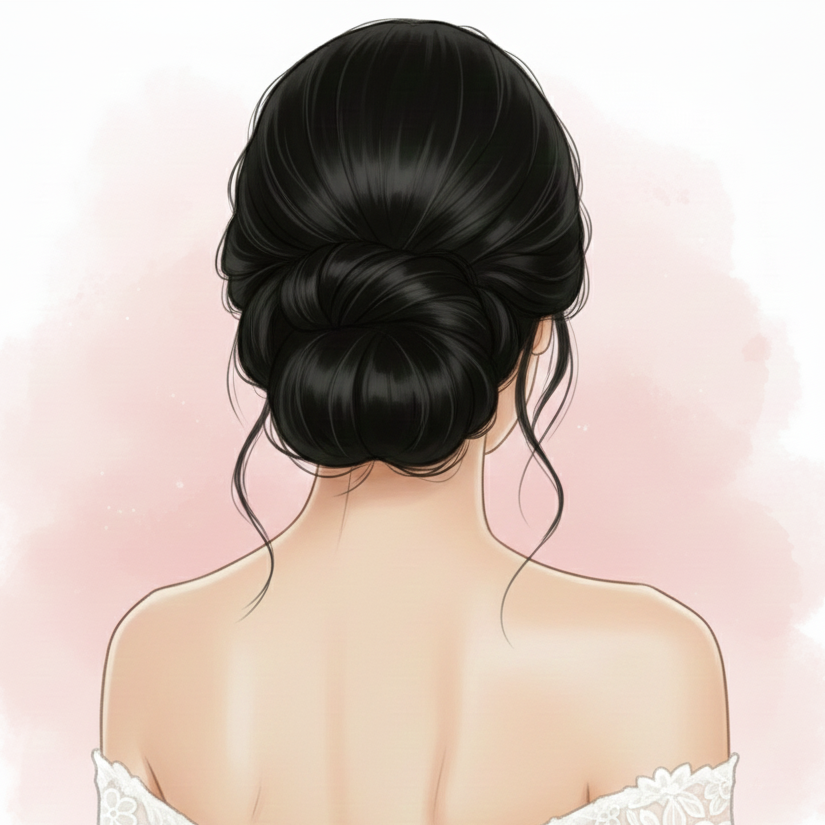 Illustrazione acconciatura sposa chignon basso morbido, ideale per pettine da sposa arcuato