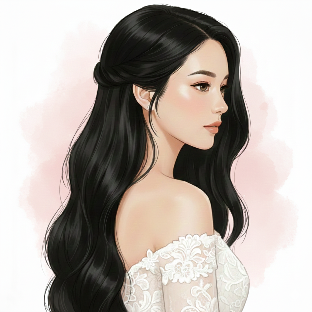 Illustrazione acconciatura sposa laterale con piccolo intreccio dietro l'orecchio, ideale per pettine mini o scenografico