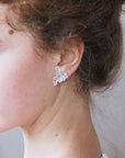 Orecchini con composizione scultorea di fiorellini bianchi traslucidi per un bridal look poetico.