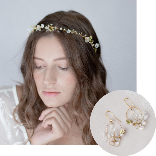 Tralcio per capelli da sposa Elibre indossato, abbinato a orecchini chandelier floreali artigianali