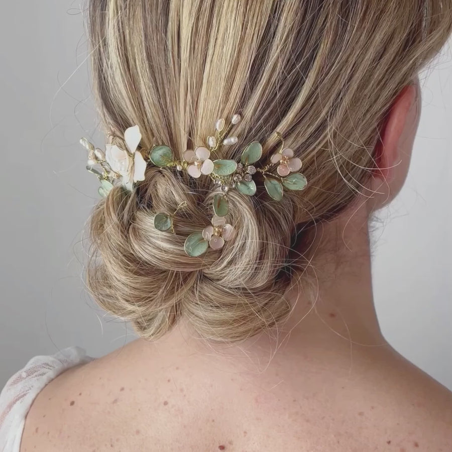 White peonies and eucalyptus hair clip