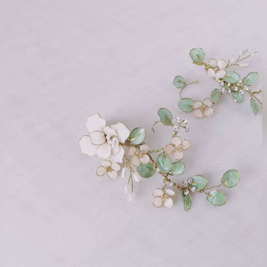 White peonies and eucalyptus hair clip