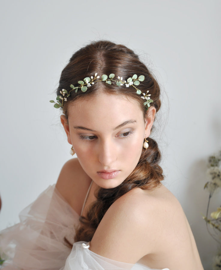 bride sage green hair crown
