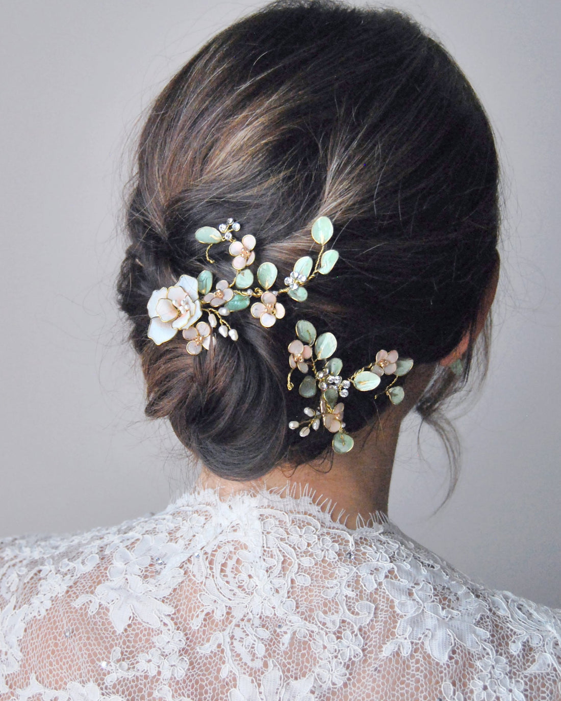 White peonies and eucalyptus hair clip