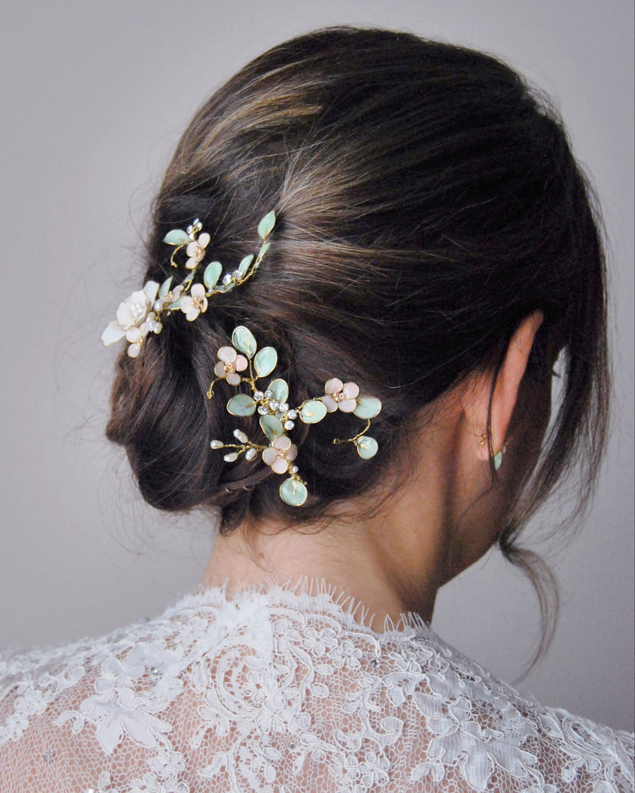 White peonies and eucalyptus hair clip