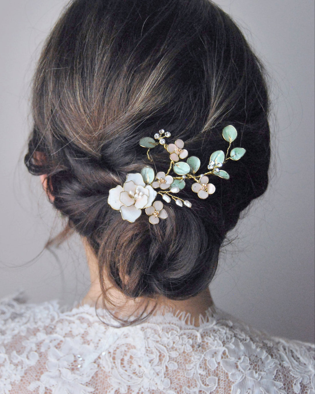 White peonies and eucalyptus hair clip