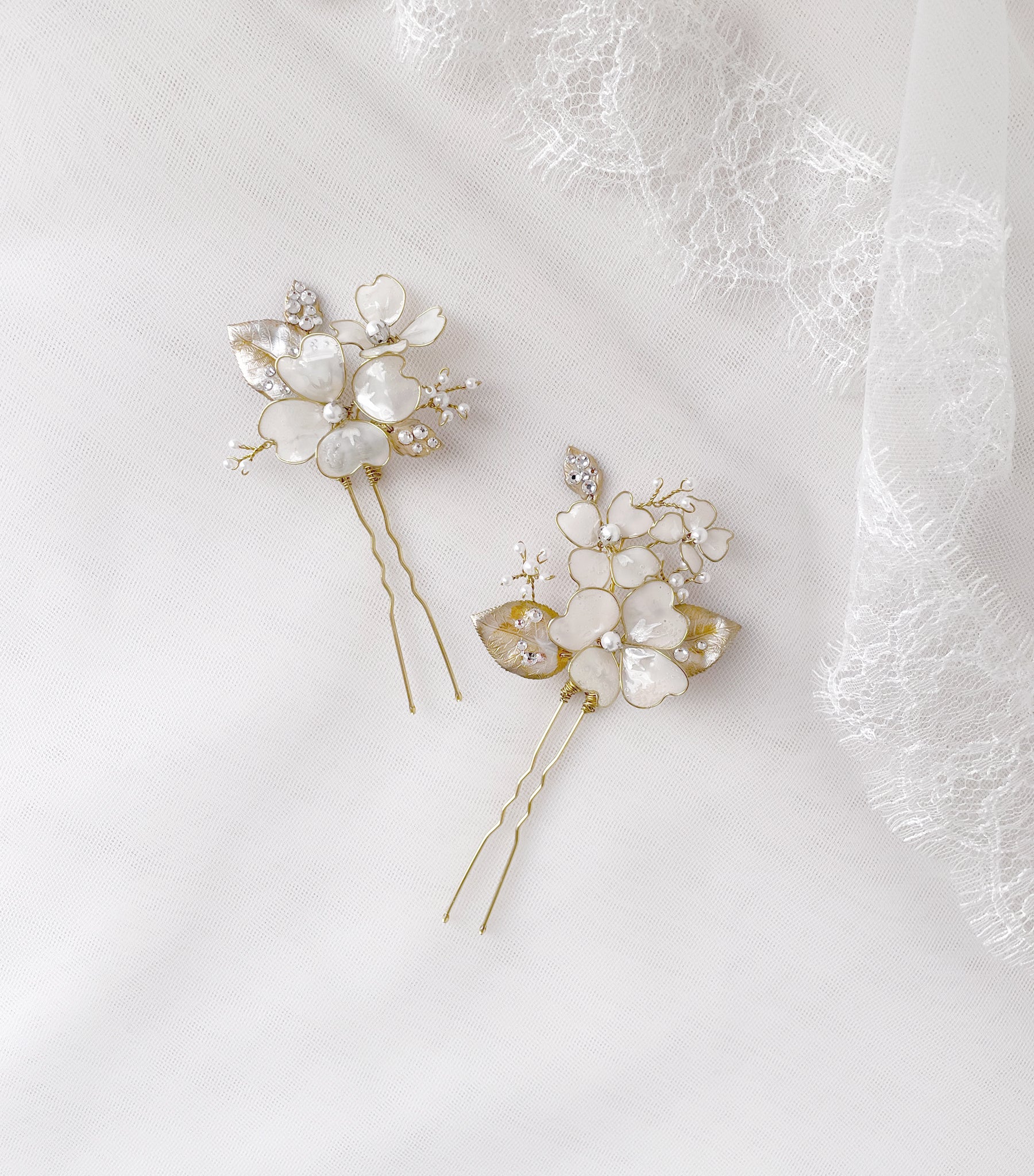 Heart flowers and crystal hair pins - Set 2